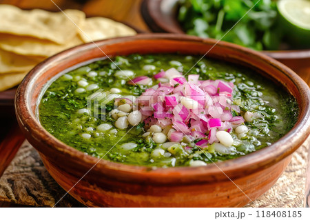 Traditional mexican green pozole in bowl on wooden table 118408185