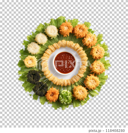 Vegetable tempura mandala a crispy circular design of assorted vegetable tempura with tentsuyu sauce dipping Vegetable tempura mandala a crispy circular design of assorted vegetable tempura with tentsuyu sauce dipping 118408280