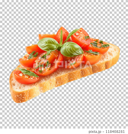 Bruschetta grilled bread slice diced tomato and basil topping tumbling isolated on transparent Food and Bruschetta grilled bread slice diced tomato and basil topping tumbling isolated on transparent Food and 118408281