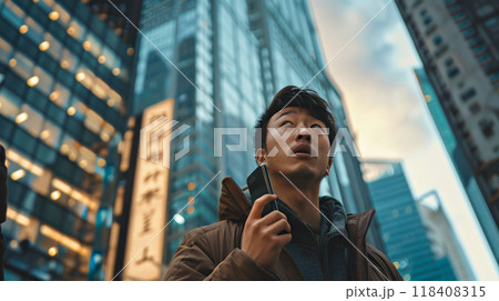 Young man with smartphone in urban cityscape amidst skyscrapers at dusk 118408315