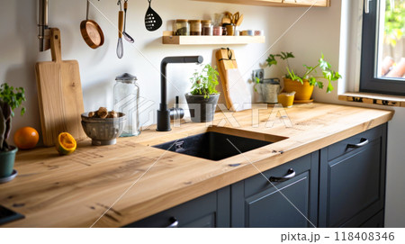 Modern scandinavian kitchen with wooden countertops and indoor plants 118408346