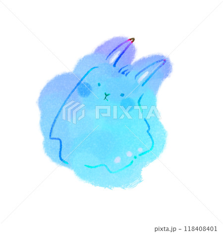 青色のカラフルなうさぎのおばけ 水彩風イラスト素材 118408401