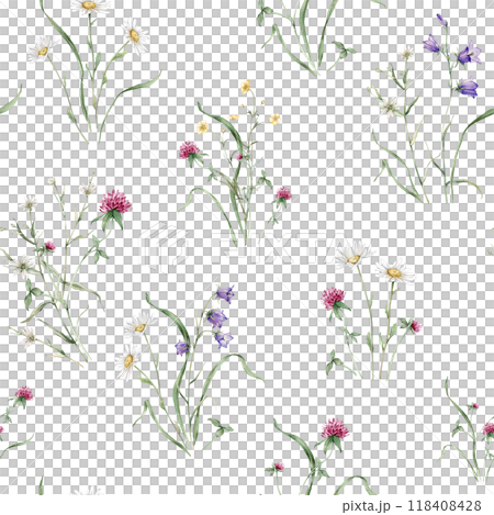 Watercolor floral seamless pattern with summer meadow flowers in botanical rustic style. Hand drawn print with bluebell, buttercup, clover, chamomile. Repeat wallpaper with leaves and plants. Watercolor floral seamless pattern with summer meadow flowers in botanical rustic style. Hand drawn print with bluebell, buttercup, clover, chamomile. Repeat wallpaper with leaves and plants. 118408428