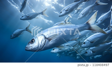 A large school of fish swim in the deep blue sea with sunlight a 118408497