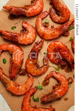 fried tiger prawns, with spices, homemade, top view, 118408711
