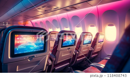 The interior of a modern passenger airplane cabin 118408743