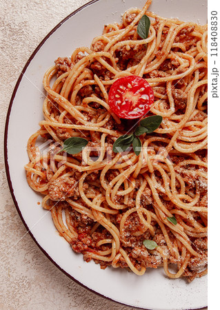 Spaghetti Bolognese, top view, close-up, no people, homemade, 118408830