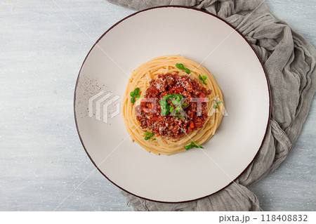 Spaghetti Bolognese, top view, close-up, no people, homemade, 118408832