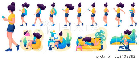 Presentation in various poses and actions character. Young Girl. 2D Flat character vector illustration N3 118408892