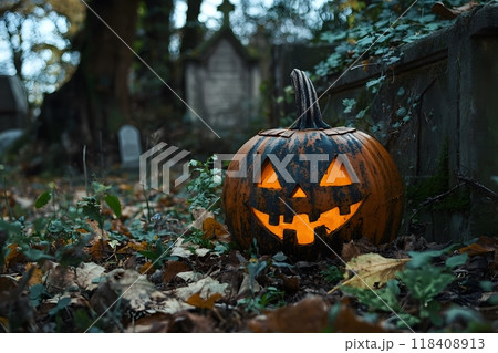 Jack O' Lantern in Creepy Forest Churchyard.. Generative AI. Jack O' Lantern in Creepy Forest Churchyard.. Generative AI. 118408913