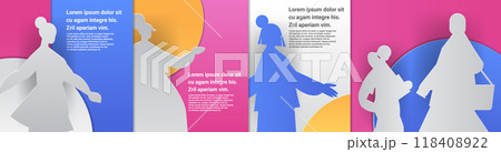 Silhouette figures colorful background paper cut style. Various human silhouettes in different poses against vibrant backgrounds with circular elements 118408922