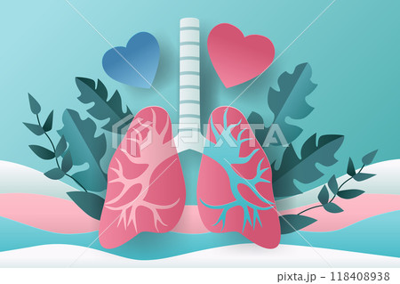 Lungs with hearts and leaves paper cut style medical concept pink and blue colors abstract background 118408938