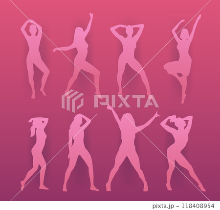 Silhouette dancing women in various poses. Pink gradient background with eight female figures performing dance moves. Paper cut style 118408954