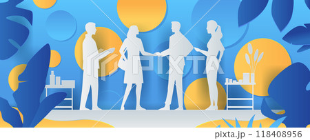 Business people meeting handshake silhouettes abstract background with blue and yellow circles and leaves office furniture paper cut style Business people meeting handshake silhouettes abstract background with blue and yellow circles and leaves office furniture paper cut style 118408956