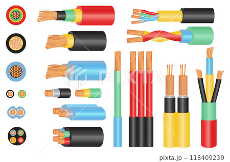 Copper cable wires set elements in flat graphic design. Bundle objects of different types and colors wiring circuit, electric cords, power supply lines, core cut structure view. Vector illustration. 118409239