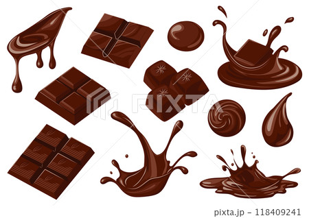 Chocolate set elements in flat graphic design. Bundle objects of sweet brown cocoa melting, chopped dark chocolate bars, candy, droplets, flowing streams, liquid cream splashes. Vector illustration. 118409241