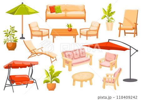Outdoor furniture set elements in flat graphic design. Bundle objects of backyard wooden sofas with pillows, umbrella, armchairs and table, plants in pots, swing canopy and other. Vector illustration. 118409242