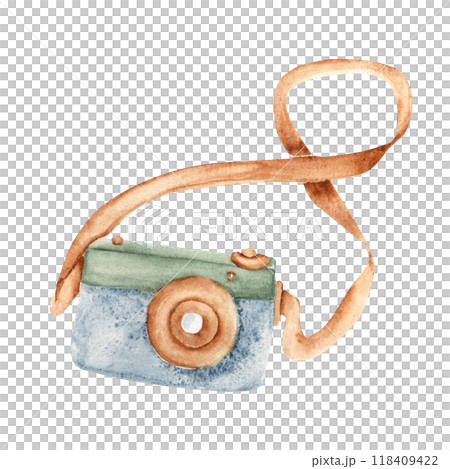 Wooden Camera. Eco Baby Toy. Watercolor Hand drawn Kids illustration of Photo camera in Vintage style isolated on white background. Design Element for Kids goods, tags and prints birthday cards and 118409422