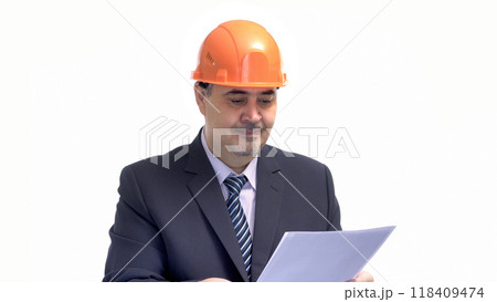 Construction Engineer in Hard Hat Reviewing Documents. Isolated on White Background. 118409474