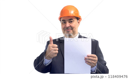 Smiling Construction Engineer in Suit and Hard Hat Holding Blank Paper 118409476