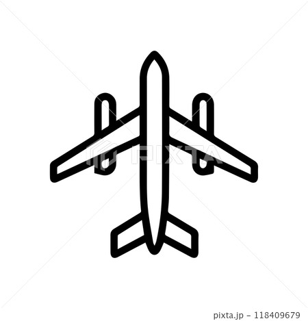 plane icon or modern line symbol. Vector line art and icon design with bold outline. Black and white Pixel Perfect minimalistic symbol isolated white background. Silhouette simple thin sign 118409679