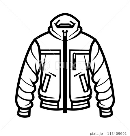 jacket icon or modern line symbol. Vector line art and icon design with bold outline. Black and white Pixel Perfect minimalistic symbol isolated white background. Silhouette simple thin sign jacket icon or modern line symbol. Vector line art and icon design with bold outline. Black and white Pixel Perfect minimalistic symbol isolated white background. Silhouette simple thin sign 118409691
