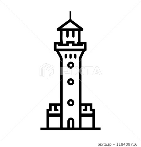 tower icon or modern line symbol. Vector line art and icon design with bold outline. Black and white Pixel Perfect minimalistic symbol isolated white background. Silhouette simple thin sign 118409716