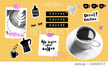 Coffee collage design set, cutout photo of cup and taped image of cappucino on squared paper yellow background. Stickers and funny inspirational quote elements 118409717
