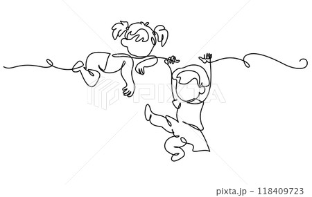 Little girls playing on branch of tree. Continuous One line drawing 118409723