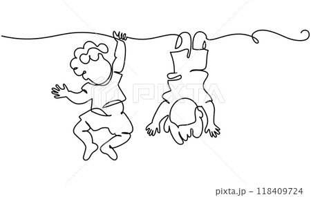 Little boys playing on branch of tree. Continuous One line drawing Little boys playing on branch of tree. Continuous One line drawing 118409724