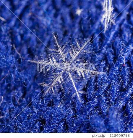 natural snowflakes on a knitted mitten natural snowflakes on a knitted mitten 118409758