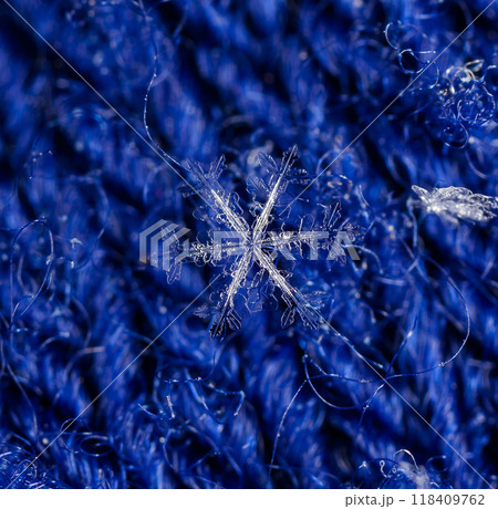 natural snowflakes on a knitted mitten natural snowflakes on a knitted mitten 118409762