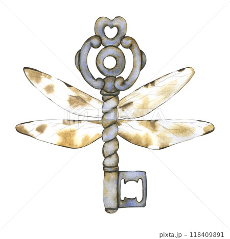 Watercolor winged key. Vintage key with wings in Retro style. Fairy tale illustration for cards and event 118409891