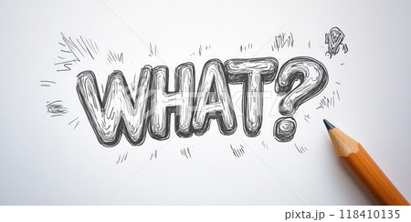 Playful pencil sketch of the word what in childlike style with doodles 118410135
