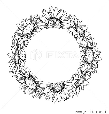 Sunflower Wreath. Round Flower Frame painted by black inks. Floral sketch in outline style. Vector monochrome illustration with line art flowers 118410391