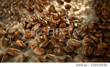 Roasted coffee beans on heap. 118410580