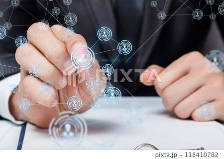 Businessman close-up clicking on digital microgrid . Businessman close-up clicking on digital microgrid . 118410782