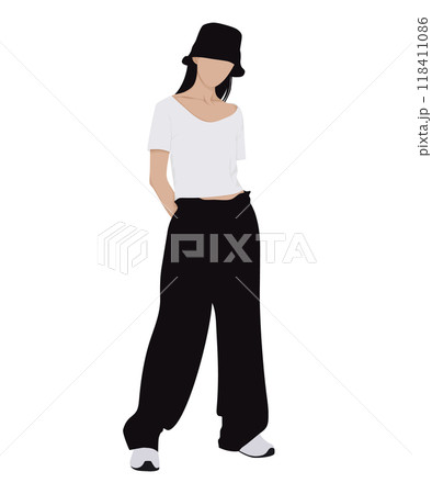 Vector illustration of a woman in a white top and black baggy pants. Simple casual 118411086