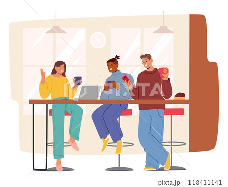 Colleagues Enjoying A Relaxing Coffee Break In A Modern Office Sharing Laughter And Conversation, Vector Illustration 118411141