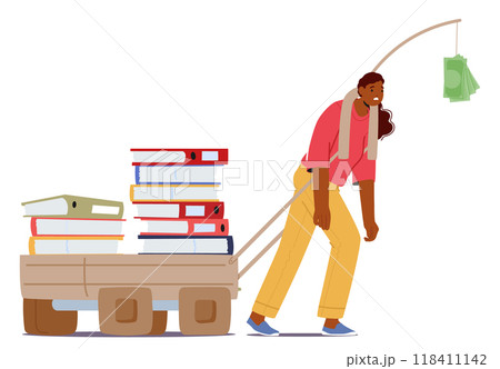 Businesswoman Pulling A Cart Of Files Motivated By Dangling Money. Represents Manipulation, Overwork 118411142