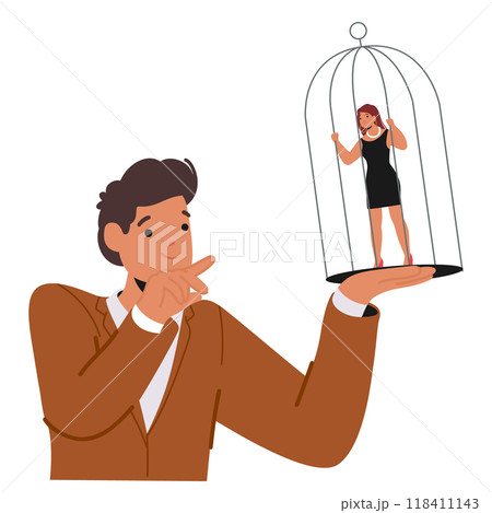 Man Holds A Tiny Woman Inside A Birdcage, Symbolizing Control, Entrapment, Or Restriction In Toxic Relationship 118411143