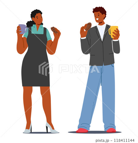 Two Colleagues Enjoying A Relaxing Coffee Break With Snacks In A Business Environment Isolated on White Background 118411144