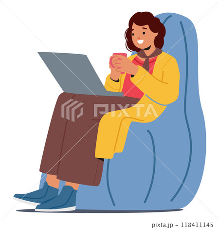 Smiling Businesswoman Sits Comfortably On Chair Holding Coffee Mug While Working On Laptop Isolated on White Background Smiling Businesswoman Sits Comfortably On Chair Holding Coffee Mug While Working On Laptop Isolated on White Background 118411145