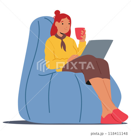 Woman Sits Comfortably On A Chair Holding A Coffee Mug While Working On A Laptop. The Scene Evokes Relaxation Woman Sits Comfortably On A Chair Holding A Coffee Mug While Working On A Laptop. The Scene Evokes Relaxation 118411148