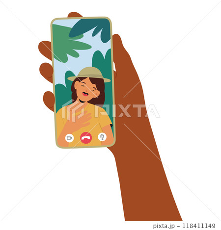 Hand Is Holding A Smartphone While Having A Video Call With A Woman Who Is Smiling And Placing Her Hand On Her Chest Hand Is Holding A Smartphone While Having A Video Call With A Woman Who Is Smiling And Placing Her Hand On Her Chest 118411149