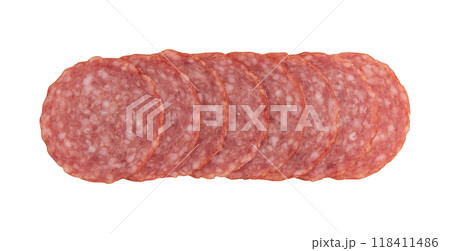salami sausage cut into pieces isolated on white salami sausage cut into pieces isolated on white 118411486