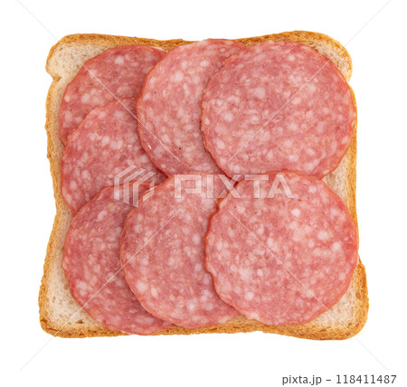 toasted bread with slices of salami isolated toasted bread with slices of salami isolated 118411487
