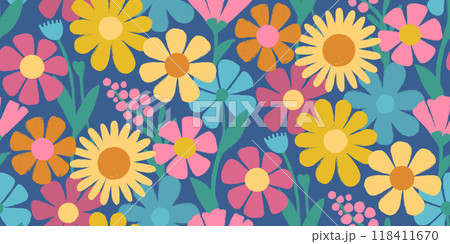 Vibrant floral pattern with stylized yellow daisies, pink, red, blue flowers and green leaves on deep blue background in a playful retro aesthetic. Wallpaper Design for Textiles, Fabrics. 118411670