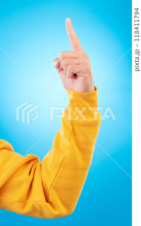 Man, hands and pointing up finger for idea, solution or remember in memory against a blue studio background. Hand of male person in choice, decision or advertising plan guide, offer or opportunity Man, hands and pointing up finger for idea, solution or remember in memory against a blue studio background. Hand of male person in choice, decision or advertising plan guide, offer or opportunity 118411794