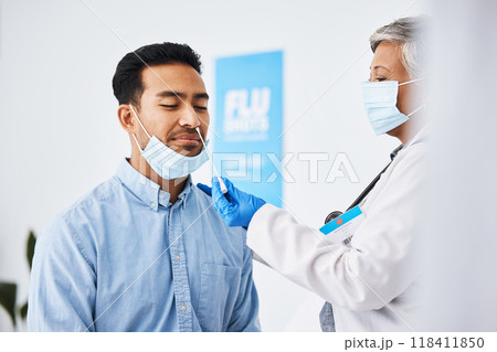 Doctor, patient and covid test, healthcare and virus with medical consultation at hospital and health insurance. Cotton swab in nose, mask and PCR at clinic, man and woman physician check for corona Doctor, patient and covid test, healthcare and virus with medical consultation at hospital and health insurance. Cotton swab in nose, mask and PCR at clinic, man and woman physician check for corona 118411850